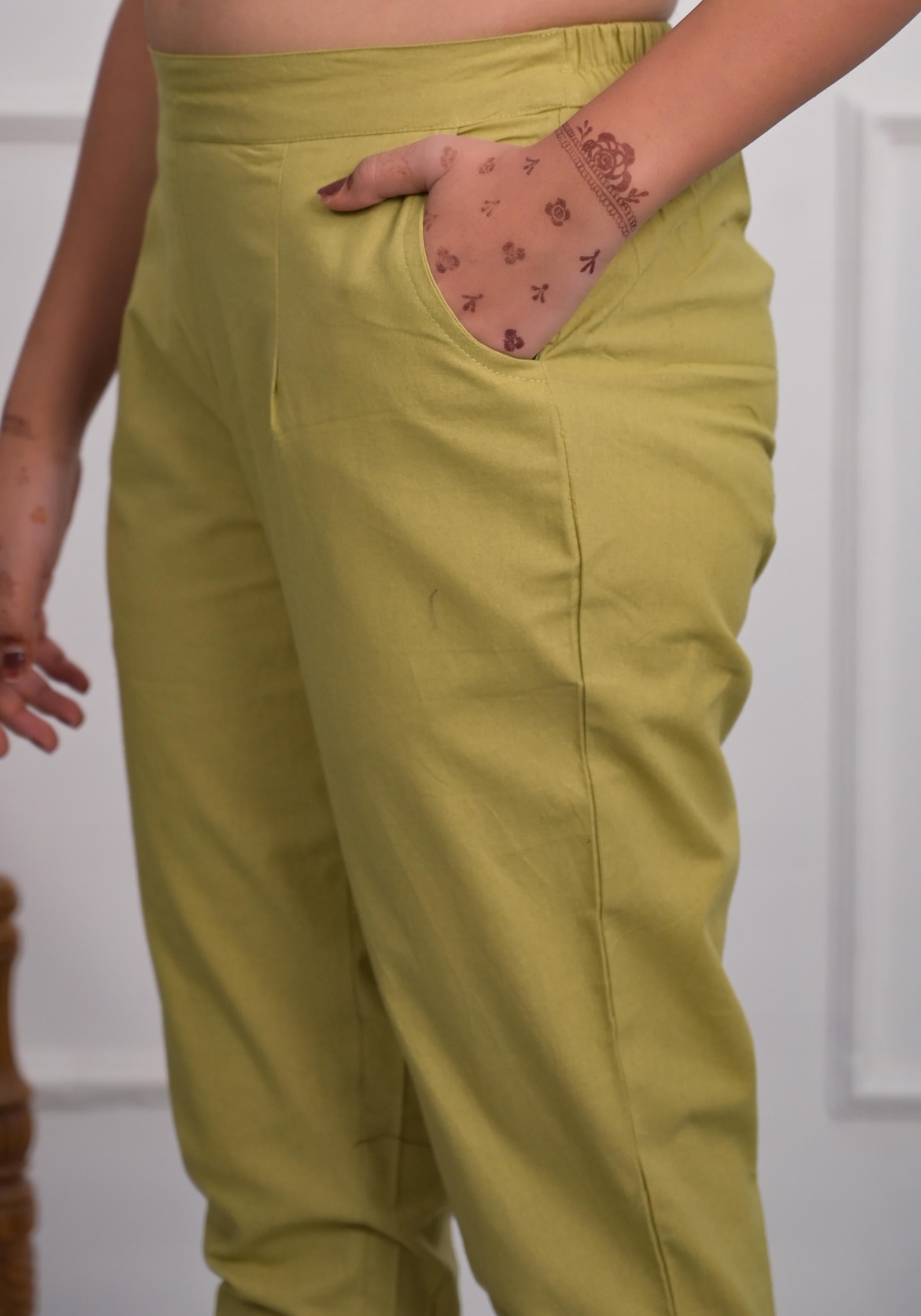 Juniper Women's Khaki Solid Cotton Pants With Partially Elasticated Waistband And Two Side Pockets | Grocsy