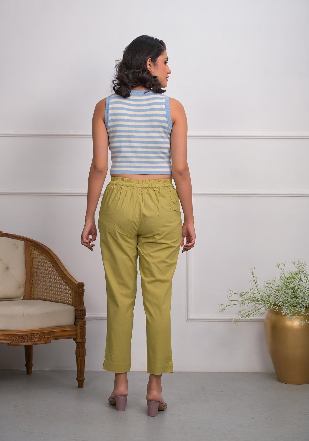 Juniper Women's Khaki Solid Cotton Pants With Partially Elasticated Waistband And Two Side Pockets | Grocsy