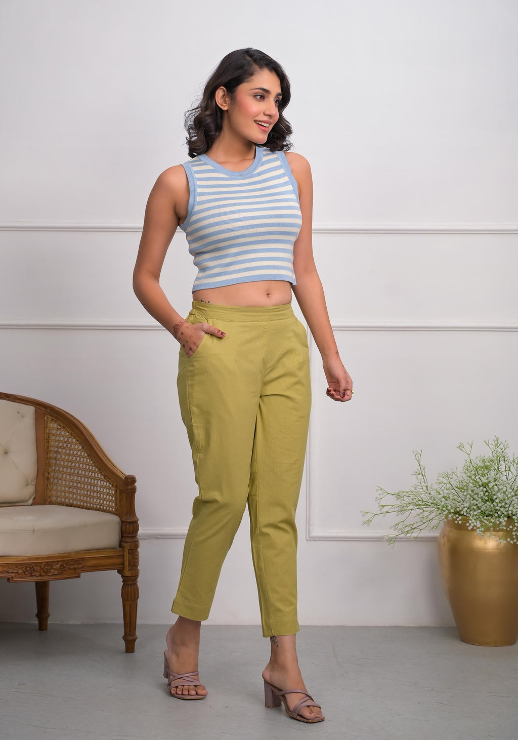 Juniper Women's Khaki Solid Cotton Pants With Partially Elasticated Waistband And Two Side Pockets | Grocsy