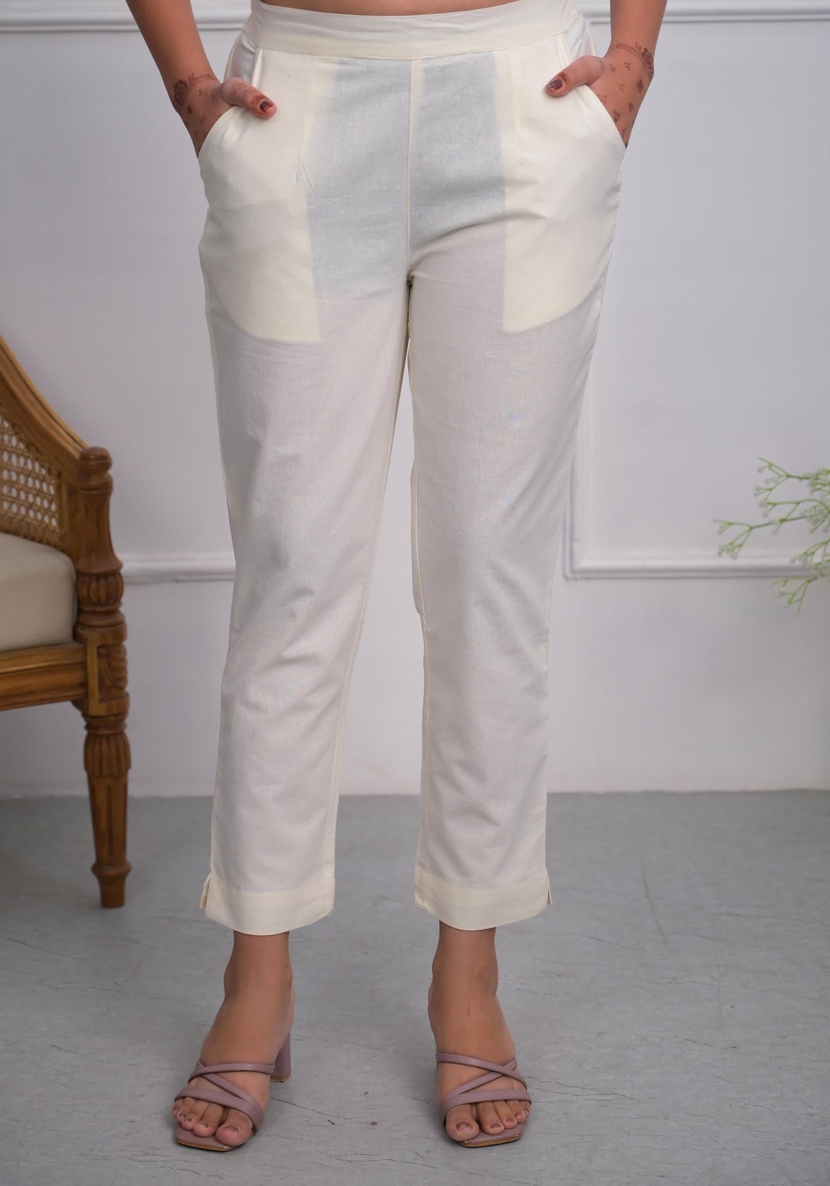 Juniper Women's Off White Solid Cotton Pants With Partially Elasticated Waistband And Two Side Pockets | Grocsy