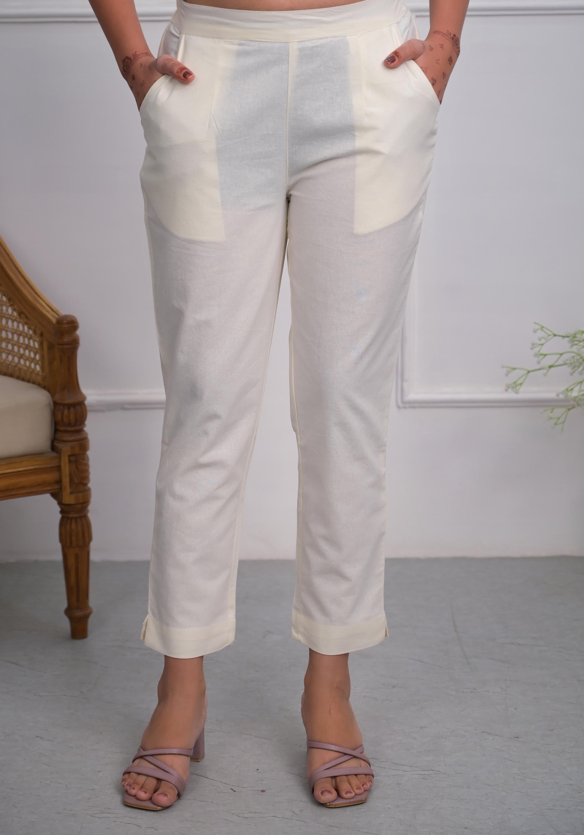 Juniper Off White Solid Cotton Pants With Partially Elasticated Waistband And Two Side Pockets | Grocsy