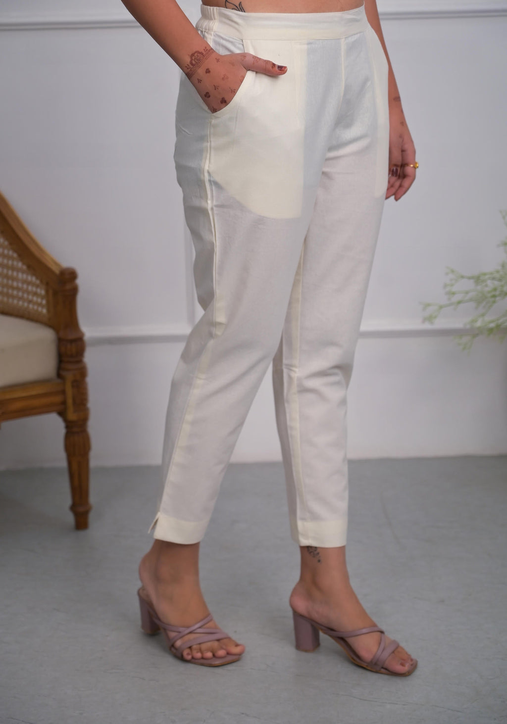 Juniper Women's Off White Solid Cotton Pants With Partially Elasticated Waistband And Two Side Pockets | Grocsy