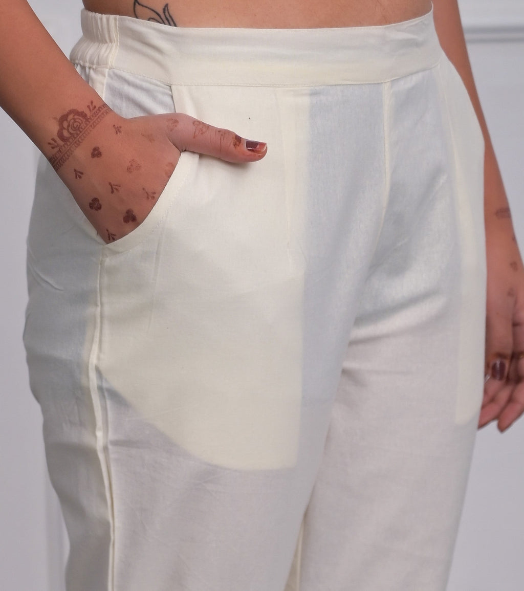 Juniper Women's Off White Solid Cotton Pants With Partially Elasticated Waistband And Two Side Pockets | Grocsy