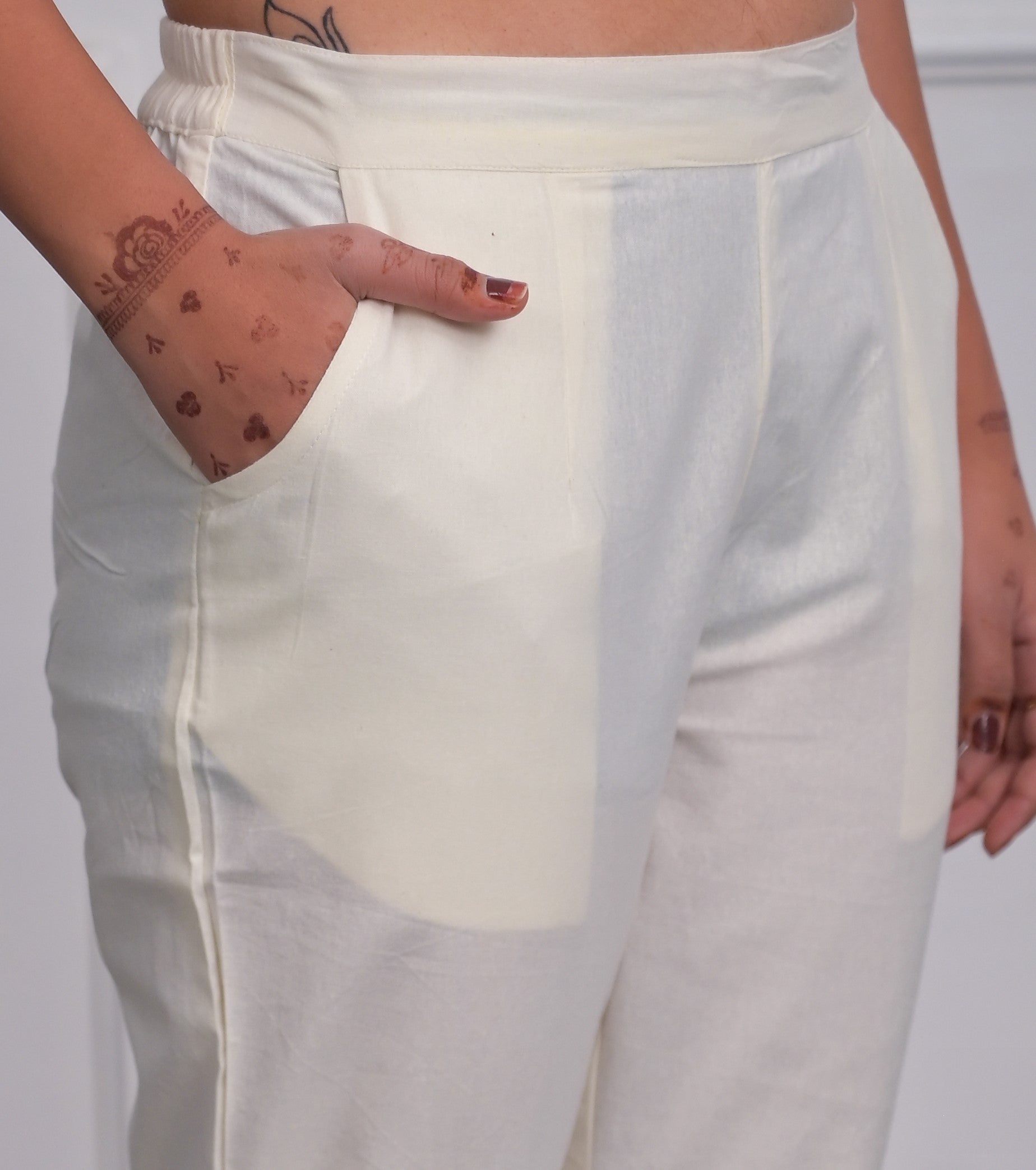 Juniper Women's Off White Solid Cotton Pants With Partially Elasticated Waistband And Two Side Pockets | Grocsy