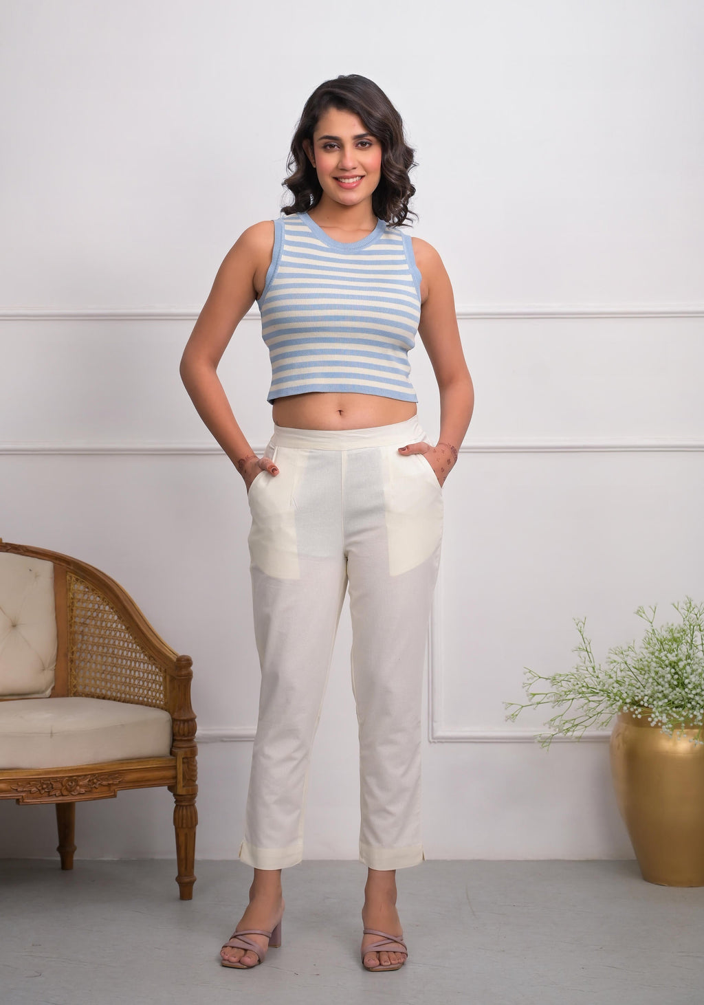Juniper Women's Off White Solid Cotton Pants With Partially Elasticated Waistband And Two Side Pockets | Grocsy