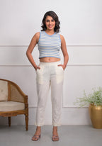 Juniper Women's Off White Solid Cotton Pants With Partially Elasticated Waistband And Two Side Pockets | Grocsy