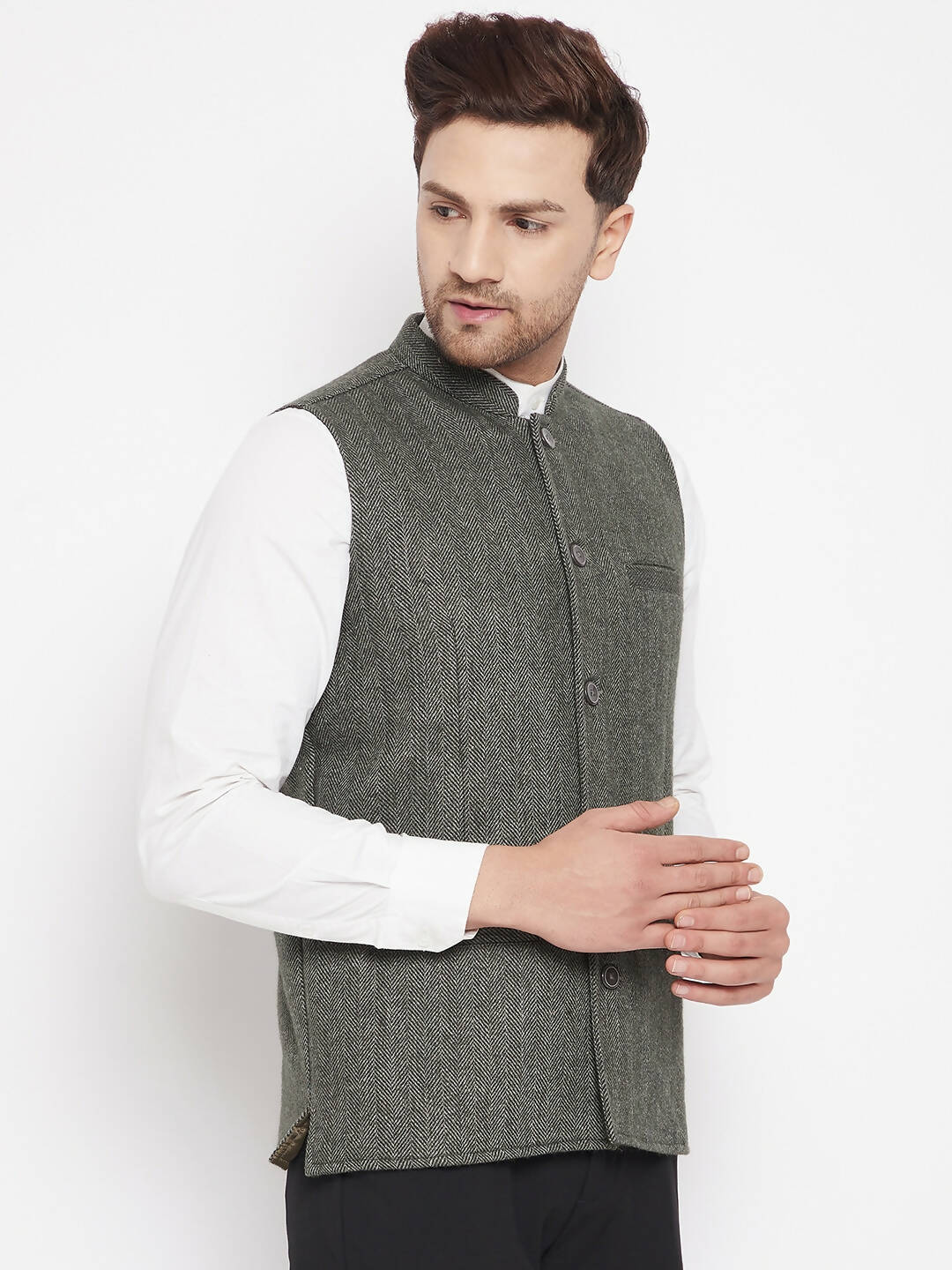Even Apparels Green Wool Men Woven Nehru Jacket | Grocsy