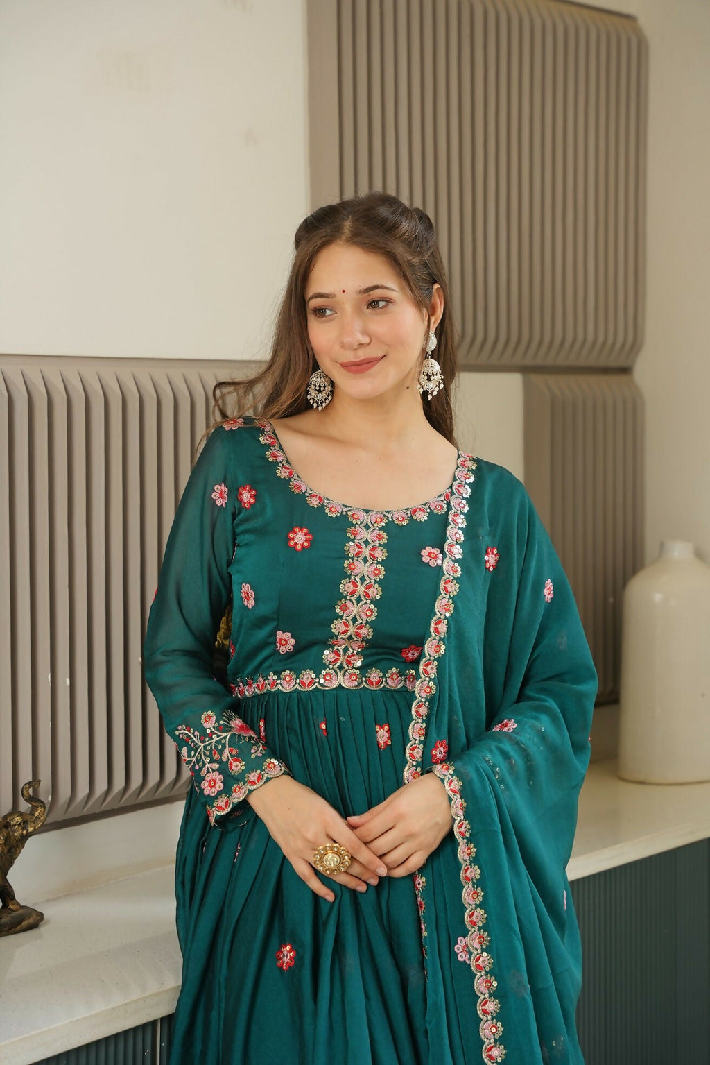 Teeya Creation Rama Color Heavy Crush Silk Wedding Wear Embroidery Work Long Gown | Grocsy