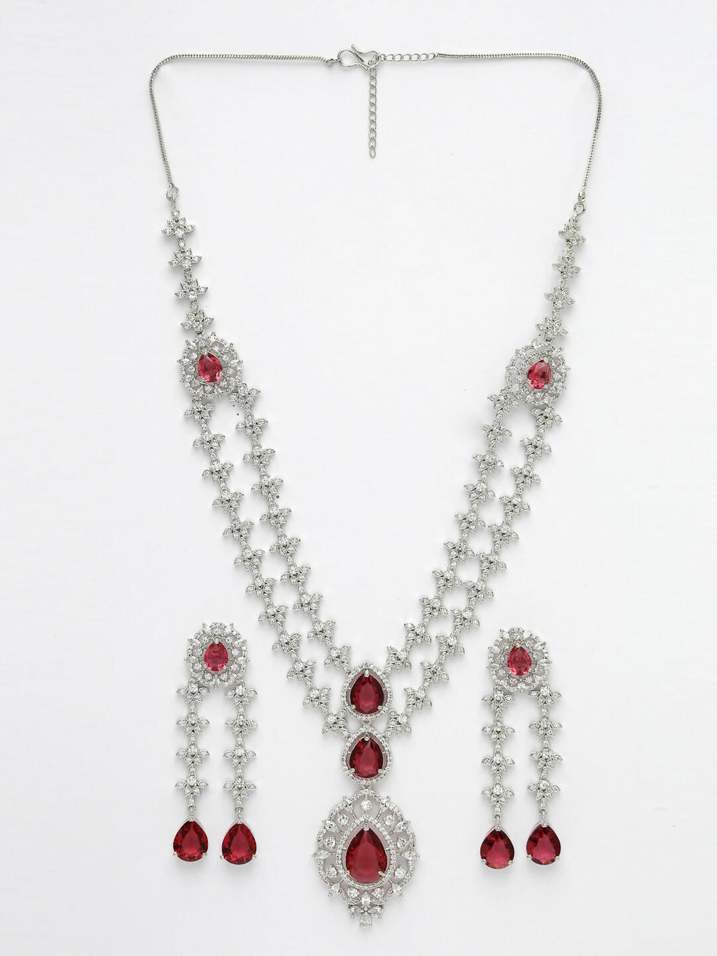 NVR Women's Silver-Plated Red CZ-Studded Handcrafted Jewellery Set | Grocsy