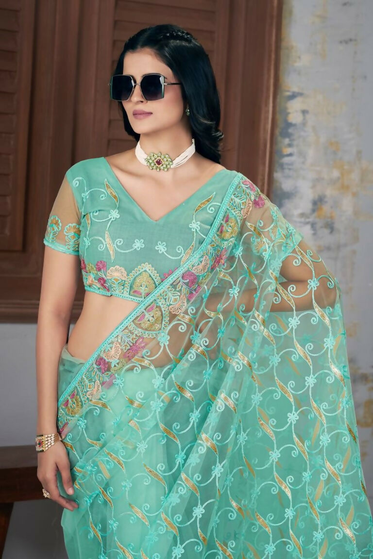 Vastranavya Soft Crush Georgette With Embroidery and Foil Multi Thread Work Saree - Turquoise | Grocsy