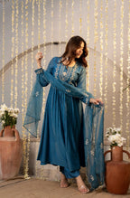 The52 Women's Beautiful Embroidery Work Chanderi Silk Fabric Flared Kurta Pant and Dupatta Set | Grocsy