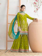 Anaita Green Chinon Suit With Embroidered Sequins & Mirror Work | Grocsy