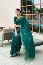 Vastranavya Rama Embroidery Work Shimmer Chiffon Saree with Unstitched Blouse | Grocsy