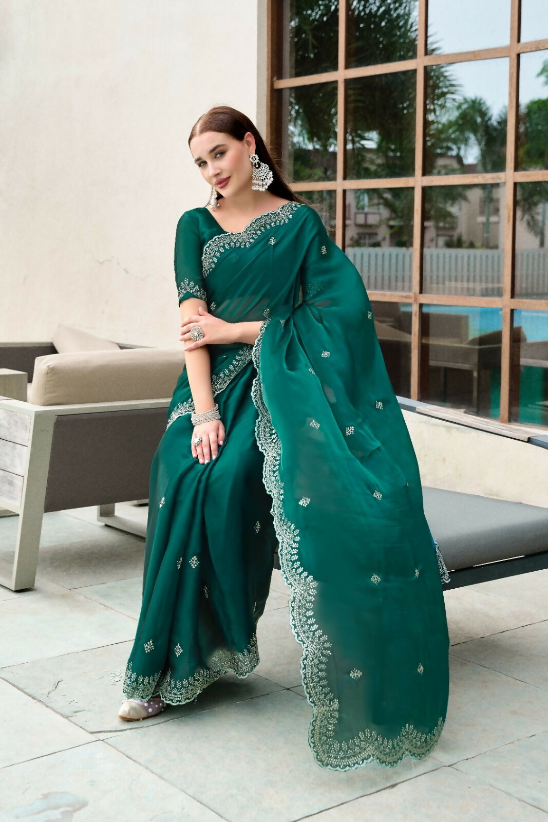 Vastranavya Rama Embroidery Work Shimmer Chiffon Saree with Unstitched Blouse | Grocsy