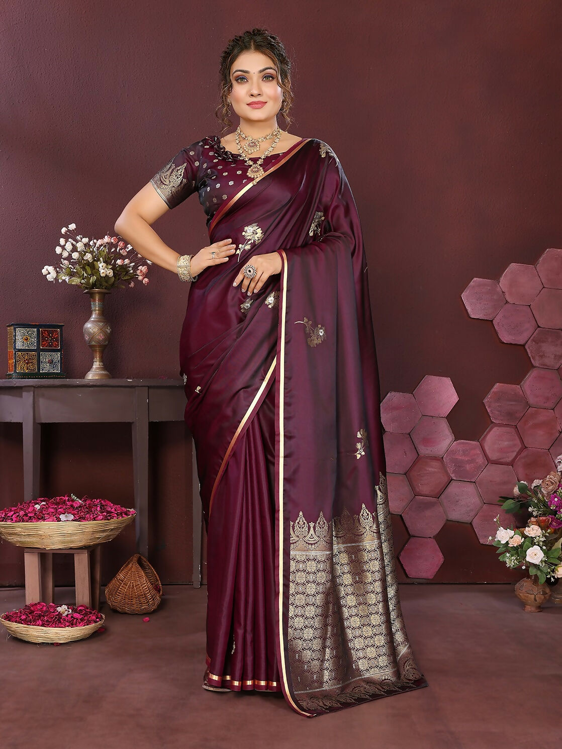 Joban Fashion Wine Floral Banarasi Silk Sarees | Grocsy
