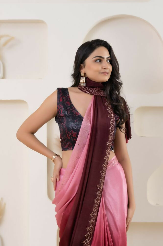 Pink Satin Pedding Designer, Printed Party Wear Ready To Wear Saree - Femina | Grocsy