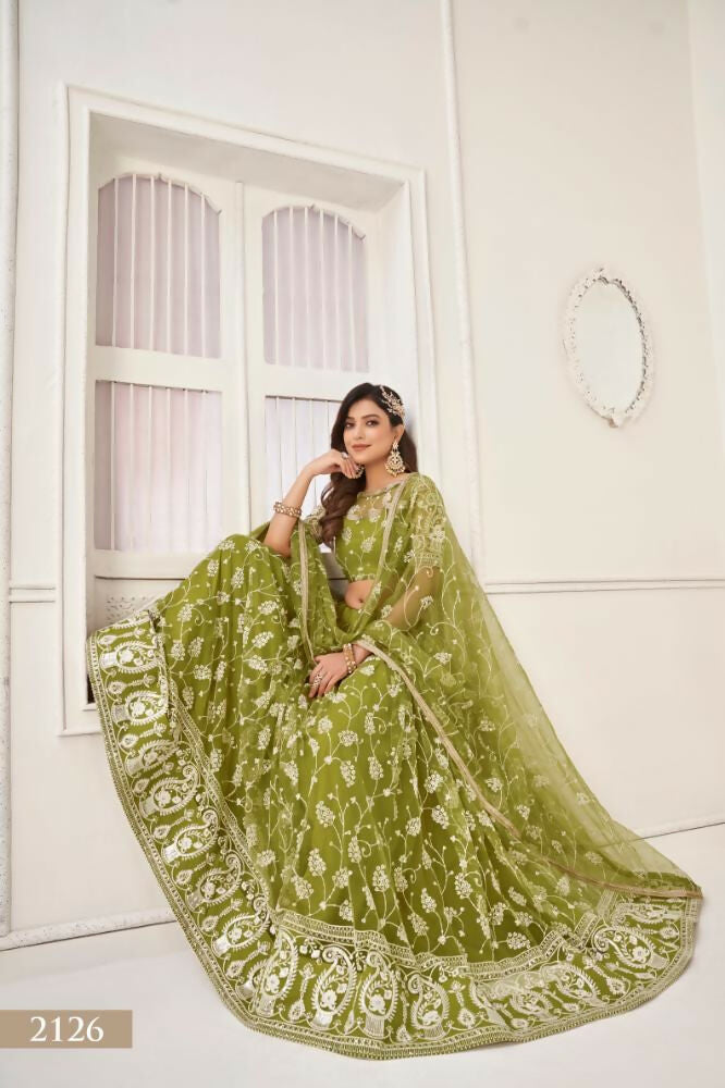 Aastha Fashion Olive Green Butterfly Net White Cotton Thread Work And Sequence Work Embroidery Wedding Wear Lehenga Choli | Grocsy