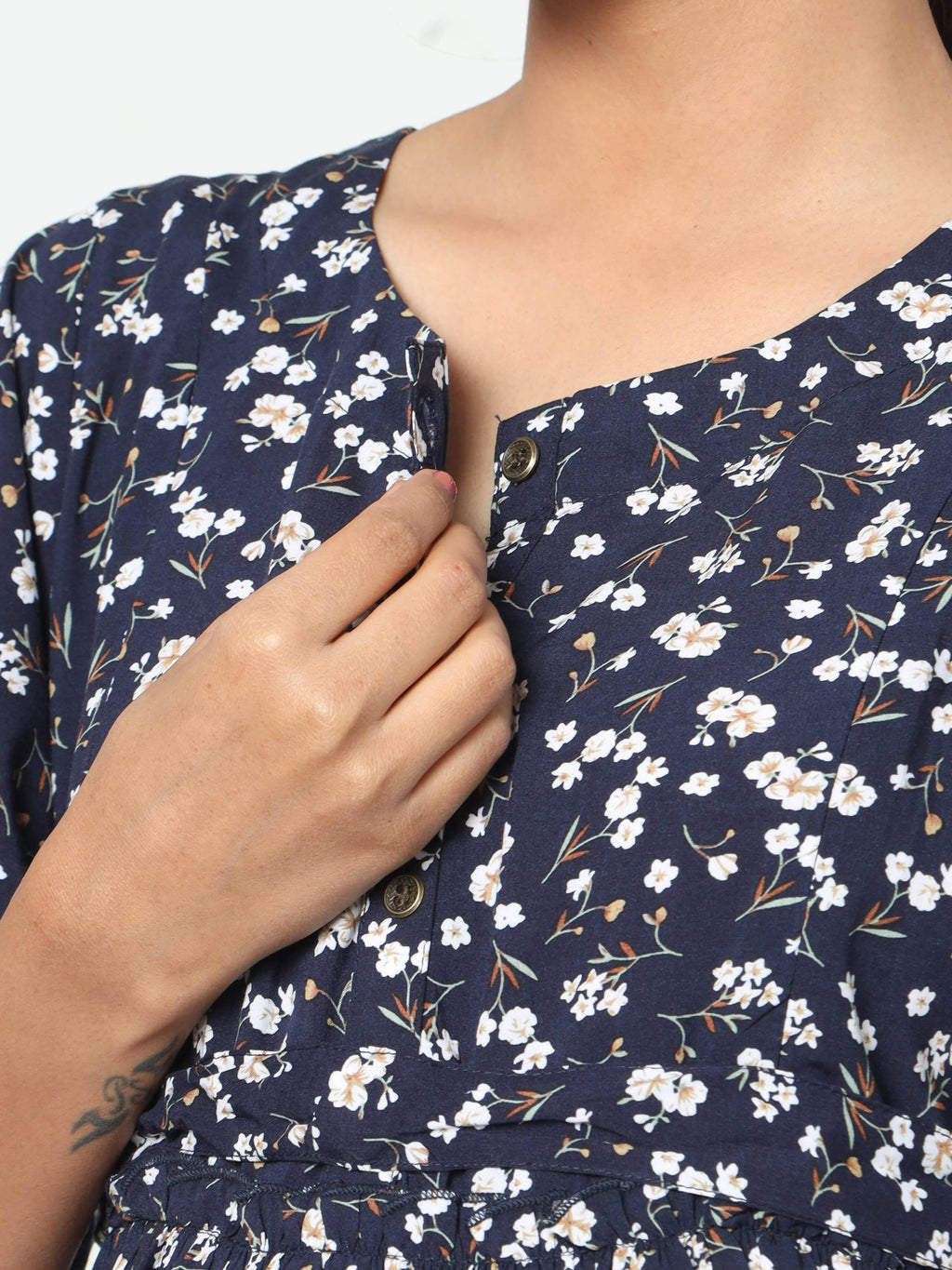 Manet Frill Slevees Maternity Dress Floral Print With Concealed Zipper Nursing Access - Navy | Grocsy