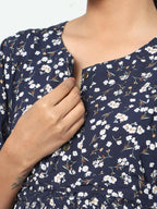 Manet Frill Slevees Maternity Dress Floral Print With Concealed Zipper Nursing Access - Navy | Grocsy