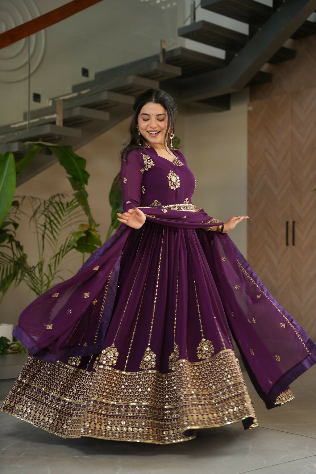 Joban Fashion Wine Georgette Sequence Embroidery Work Kurta Set | Grocsy
