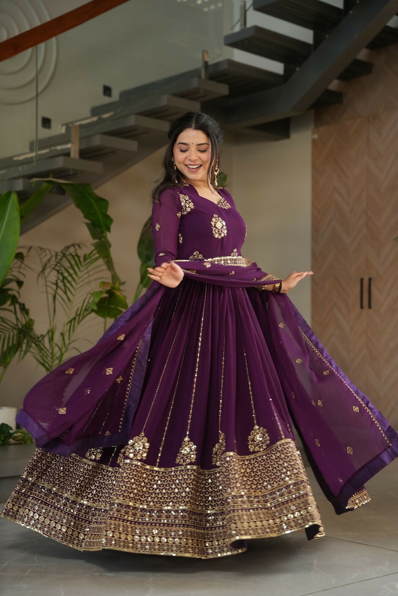 Joban Fashion Wine Georgette Sequence Embroidery Work Kurta Set | Grocsy