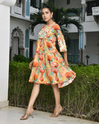 Vaasva Women's Orange Cotton Embroidered& Digital Printed Dress | Grocsy