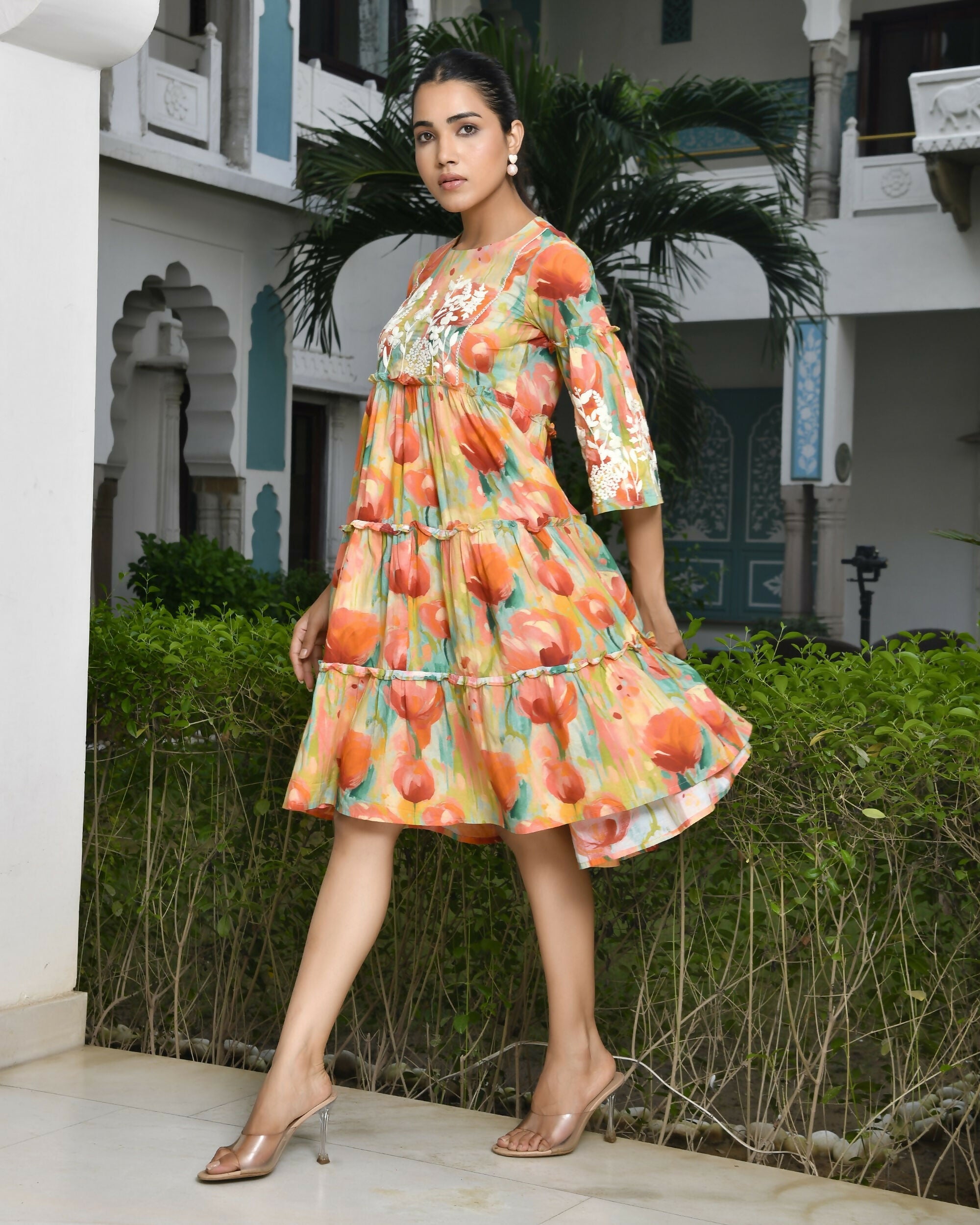 Vaasva Women's Orange Cotton Embroidered& Digital Printed Dress | Grocsy