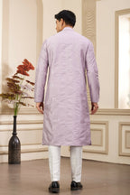 Raivat Ethnic Men's Art Silk Thread Work Kurta Pyjama In Light Purple Colour | Grocsy