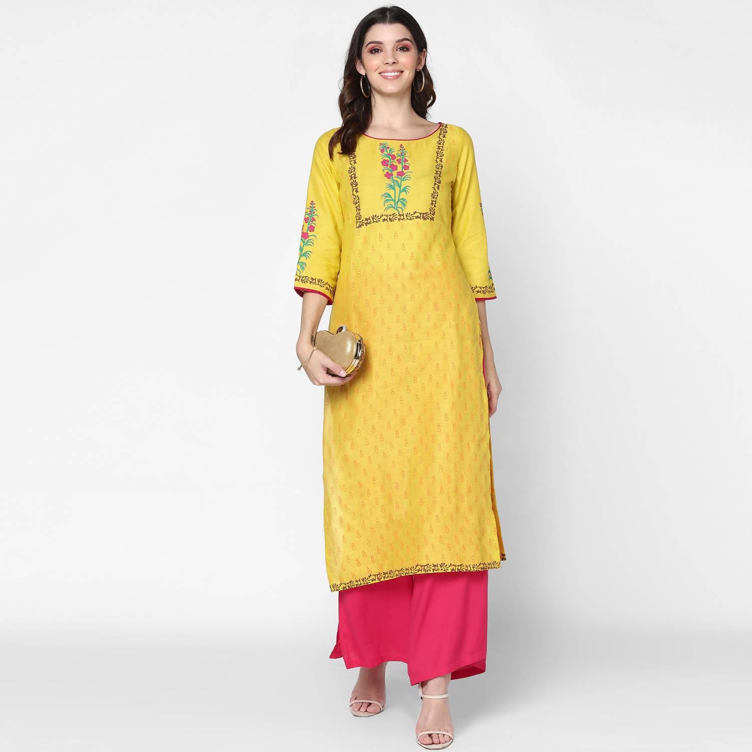 Cheera Hand Block Print Yellow Straight Kurta (MAAI-058K) | Grocsy