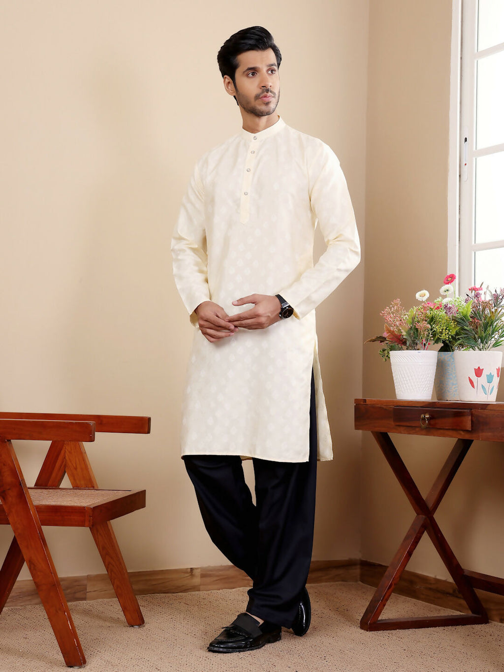 Off White Viscose Woven Jacquard Work Men's Kurta - Mahotsav | Grocsy