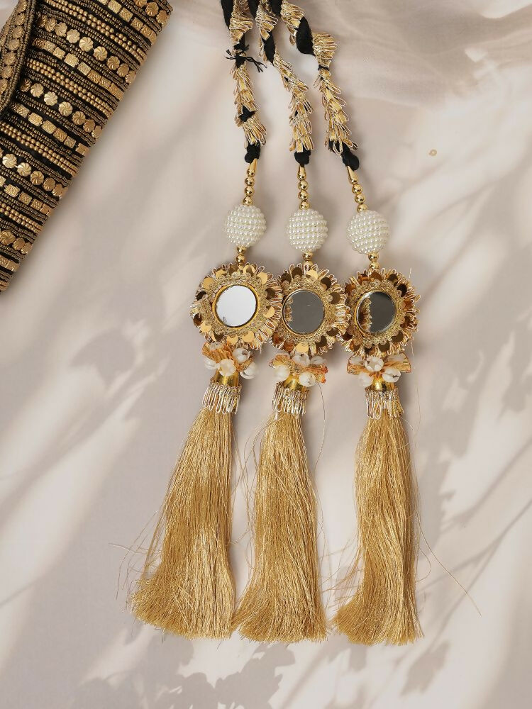 Ruby Raang Gold Gota Pati Work And Black Thread And Mirrors With Gold Stones & Pearls | Grocsy