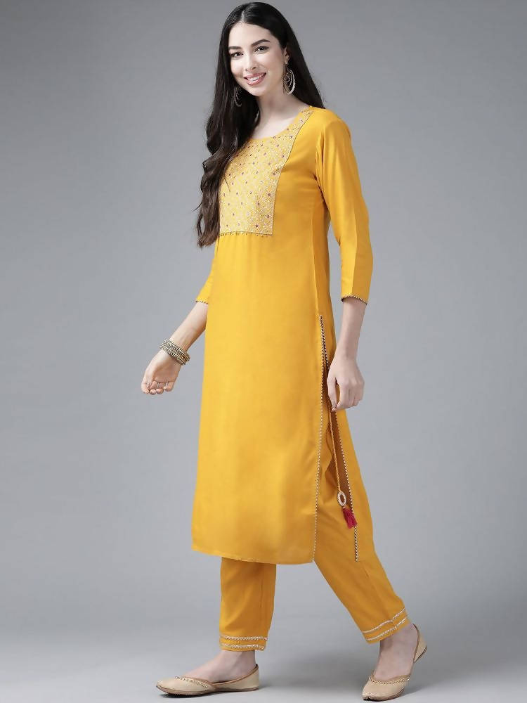 Yufta Women's Mustard Rayon Kurti With Pant Dupatta Set | Grocsy