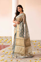 Joban Fashion Grey Pure Banarasi Tissue Saree | Grocsy