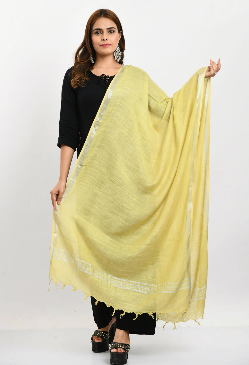 Mominos Fashion Moeza Women's Linen Cotton Silver Border Lemon Yellow Dupatta | Grocsy