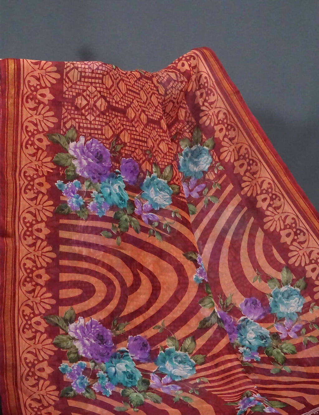Shades Of Peppy Red Floral Design Semi Chanderi Saree By Gayathri Reddy Designer Studio | Grocsy