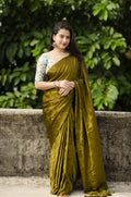 Mehndi Silk Blend Ethnic Motifs Saree with Unstitched Blouse - A2M | Grocsy
