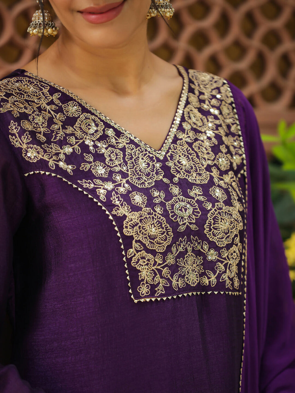 Janasya Purple Silk Blend Yoke Embroidery Kurta,Bottom & Dupatta | Grocsy