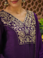 Janasya Purple Silk Blend Yoke Embroidery Kurta,Bottom & Dupatta | Grocsy