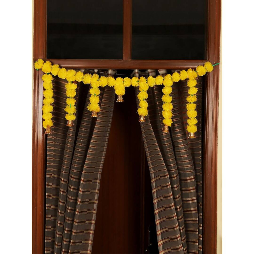 Tied Ribbons Yellow Entrance Hanging Marigold Flowers Bandhanwar Toran Garland with Bells | Grocsy