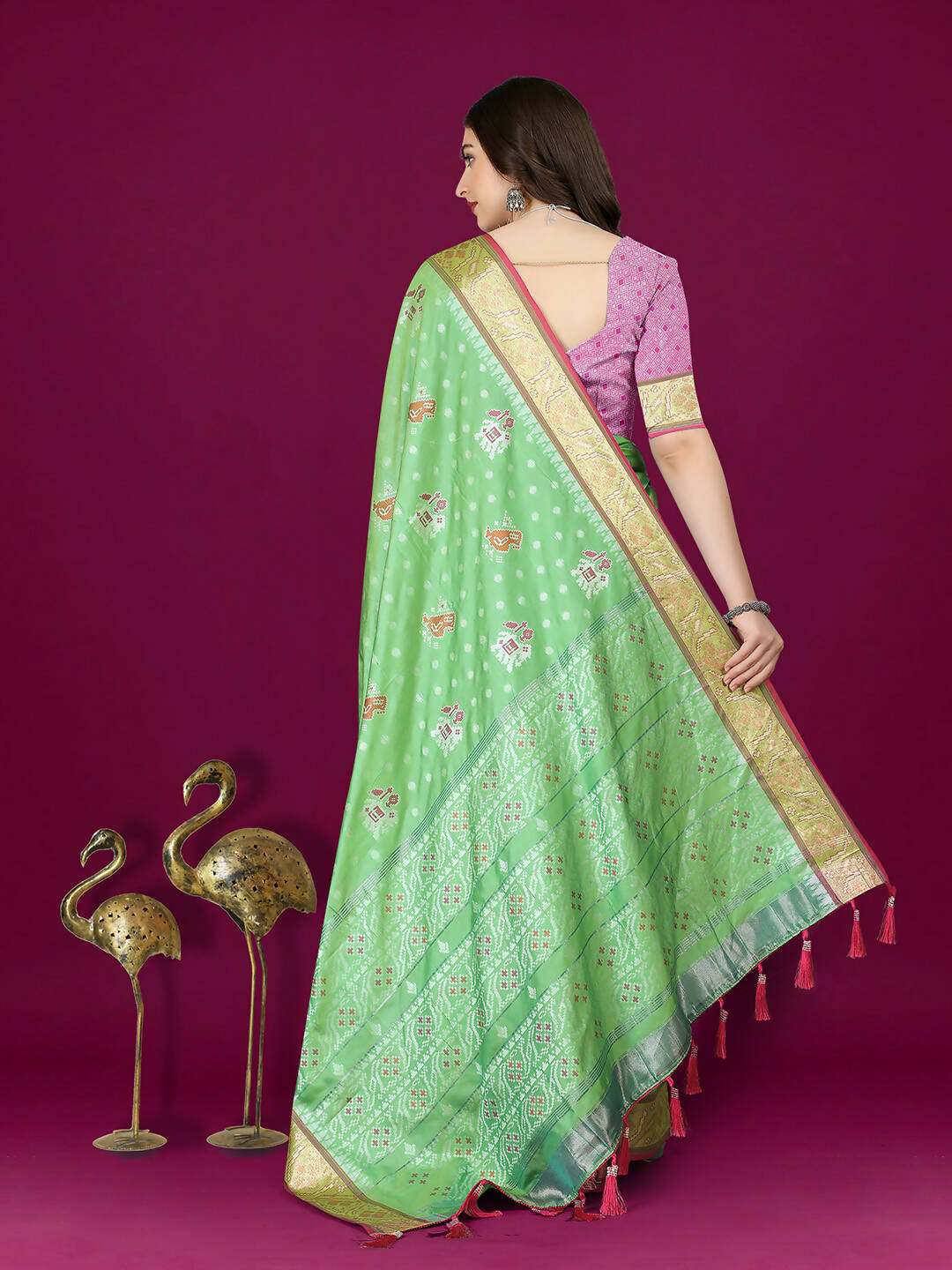 Lorenvalley Fashion Parotgreen Patola Silk Woven Design Zari Meenakari Weaving Saree | Grocsy