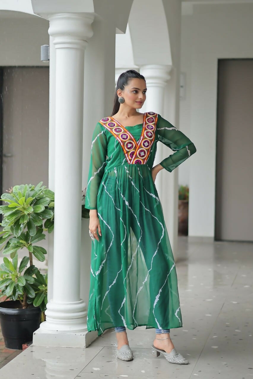 Vastranavya Green Navratri Special Kutchi Patch Work with Leheriya Printed Kurti | Grocsy