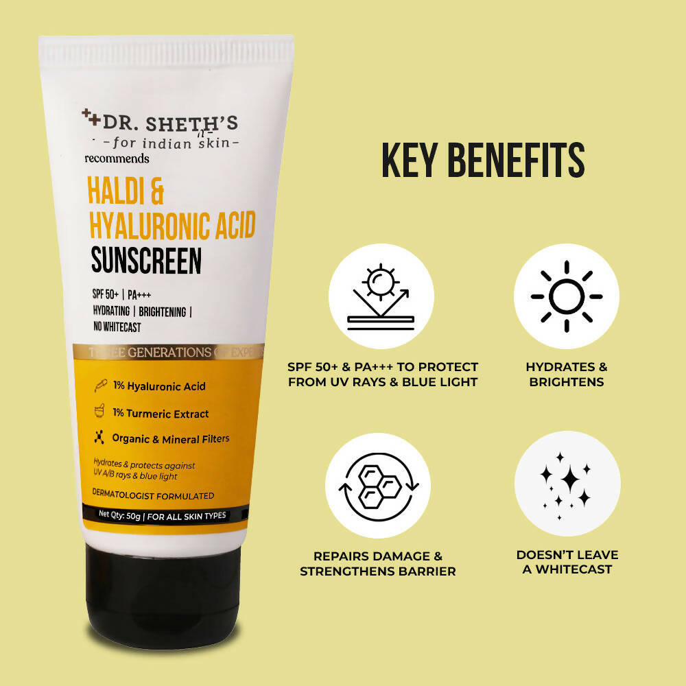 Dr. Sheth's Haldi & Hyaluronic Acid Sunscreen SPF 50+ PA+++ For Hydrating & Brightening Skin, Protects against UVA/UVB & Blue light | Grocsy