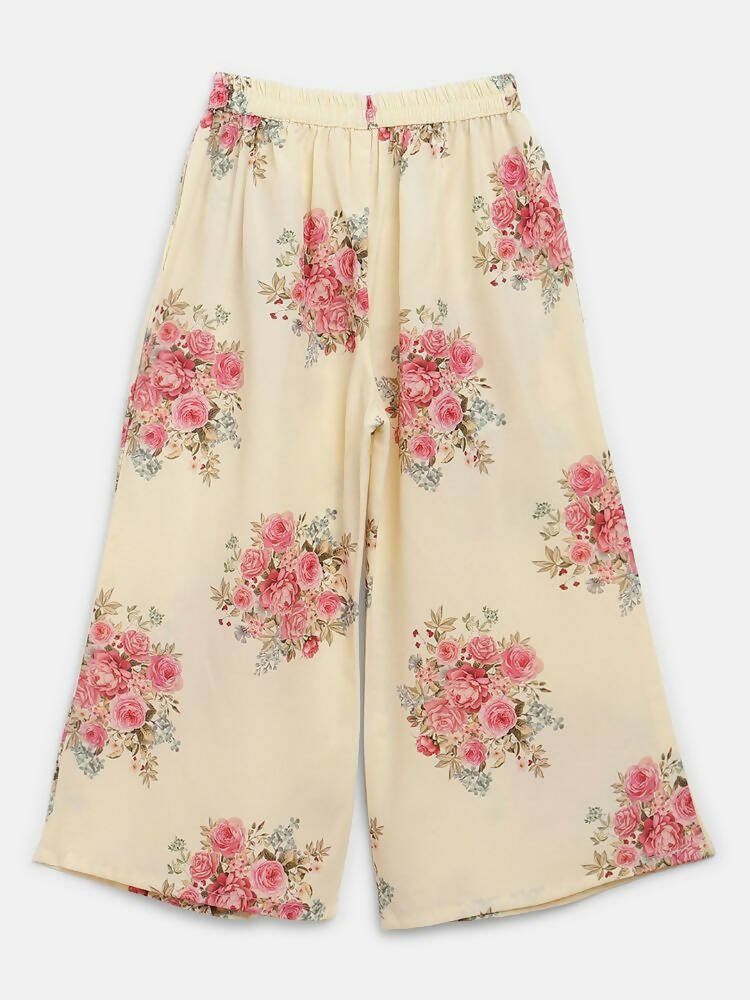 Ahalyaa Beige Crepe Floral Printed Kids Kurta Palazzo Set With Dupatta For Girls | Grocsy