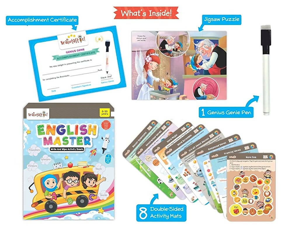 Braintastic Educational Game: English Master (6-99 Years) / Write & Wipe Reusable Activity Sheets/Kids Toy/ Free Puzzle | Grocsy