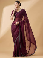 Purple Organza Swaroski Diamond Work Saree with Unstitched Blouse - Radha | Grocsy