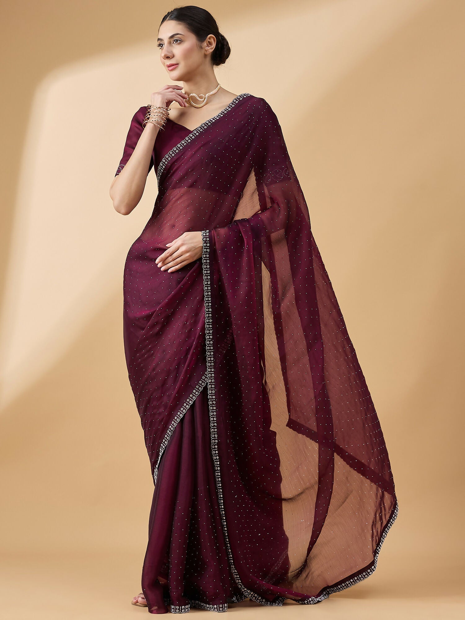 Purple Organza Swaroski Diamond Work Saree with Unstitched Blouse - Radha | Grocsy