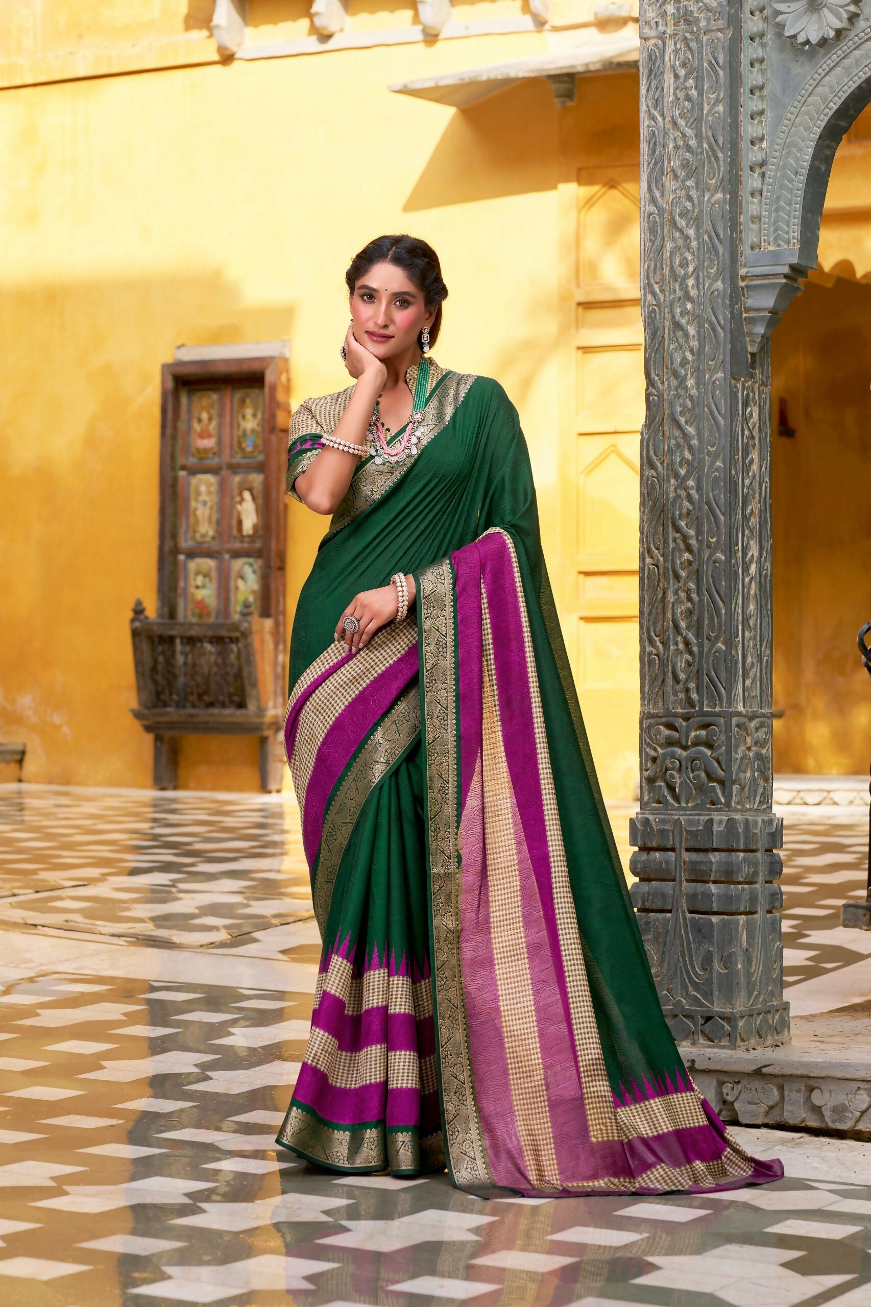Vastranavya Green Printed with Zari Weaving Work Poly Cotton Saree & Unstitched Blouse | Grocsy