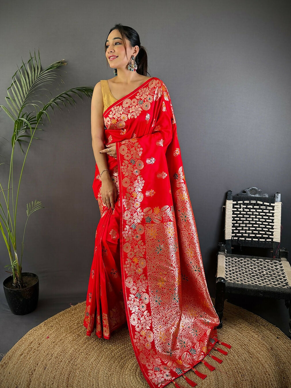 Joban Fashion Meenakari Red Woven Soft Silk Saree | Grocsy