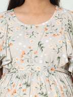Manet Frill With Sleeves Maternity Dress Floral Print With Concealed Zipper Nursing Access - Cream | Grocsy