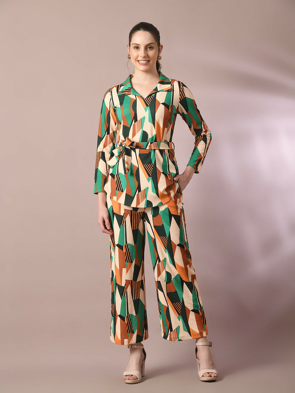 Myshka Women's Multi Printed Polo Collar Party Top With Trousers Co-ord set | Grocsy